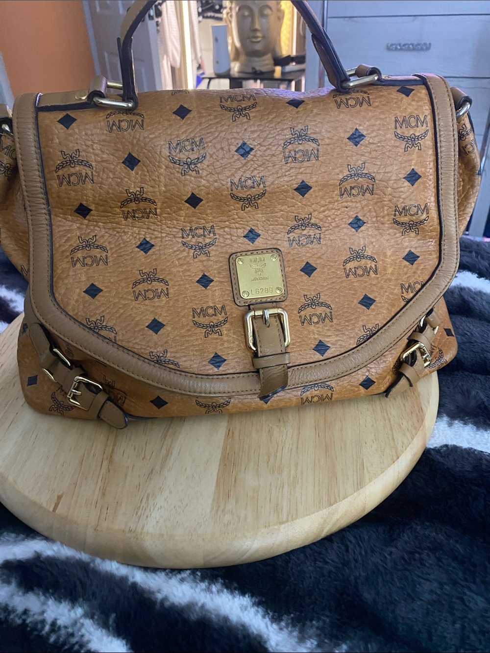 MCM Cognac Visetos Monogram Shoulder Bag with Gold Hardware